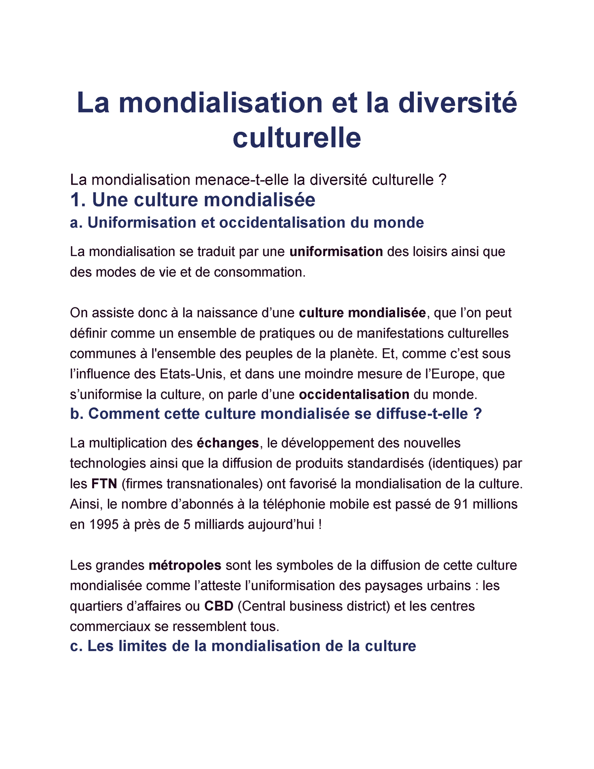 La Mondialisation Et La Diversit Culturelle La Mondialisation Et La