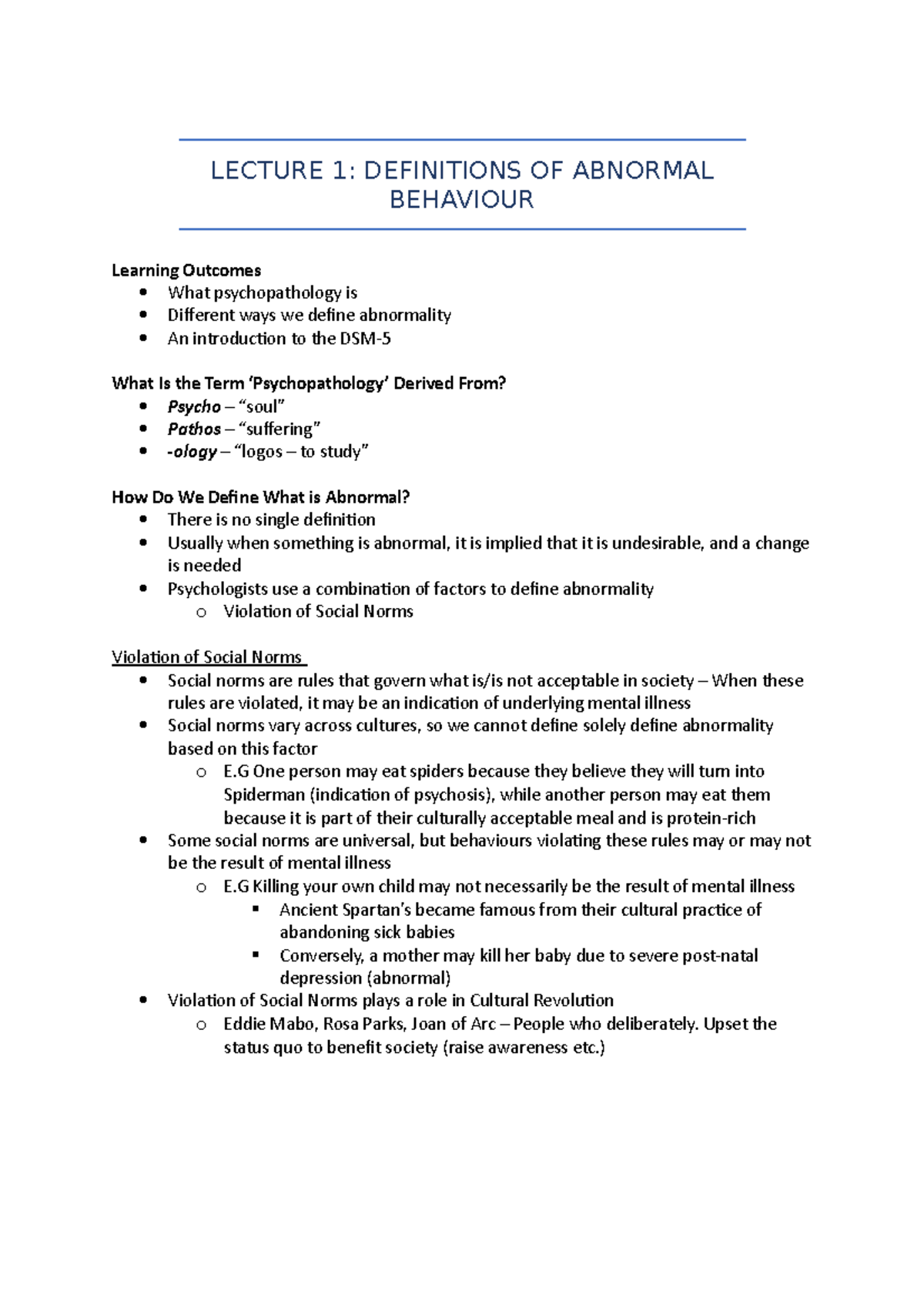 PSYC1023 ALL Lectures Combined - LECTURE 1: DEFINITIONS OF ABNORMAL ...