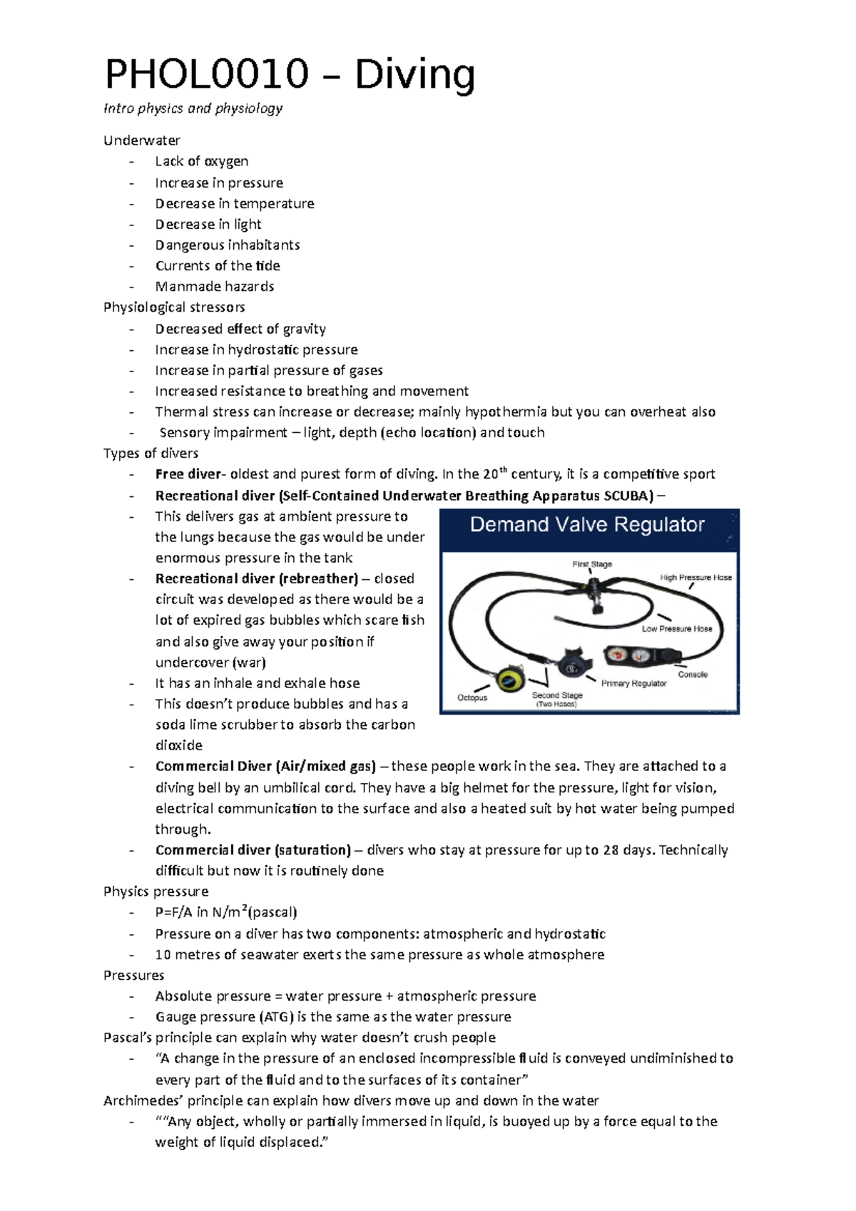 Diving and sickness PHOL0010 Diving Intro physics and