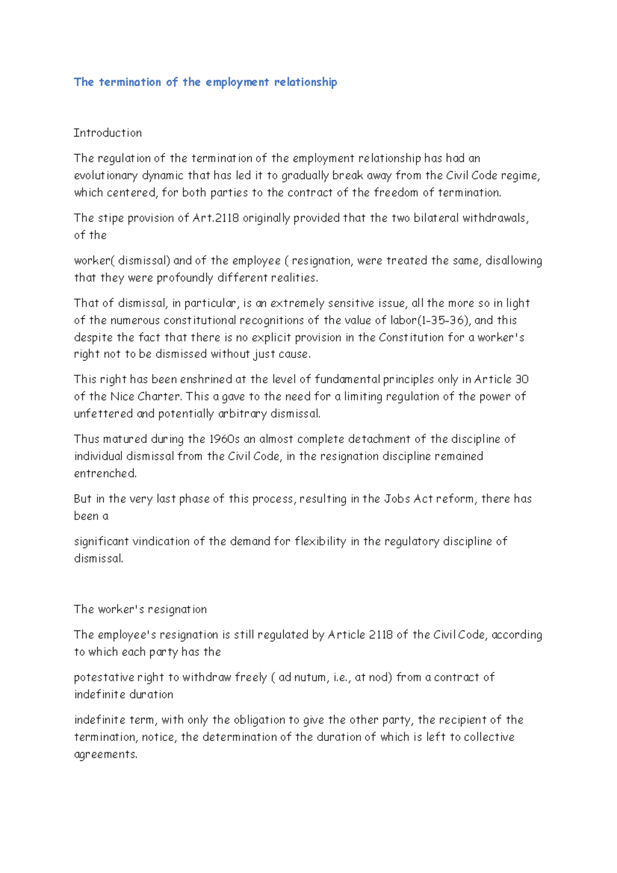 The termination of the employment relationship 1 - The stipe provision ...