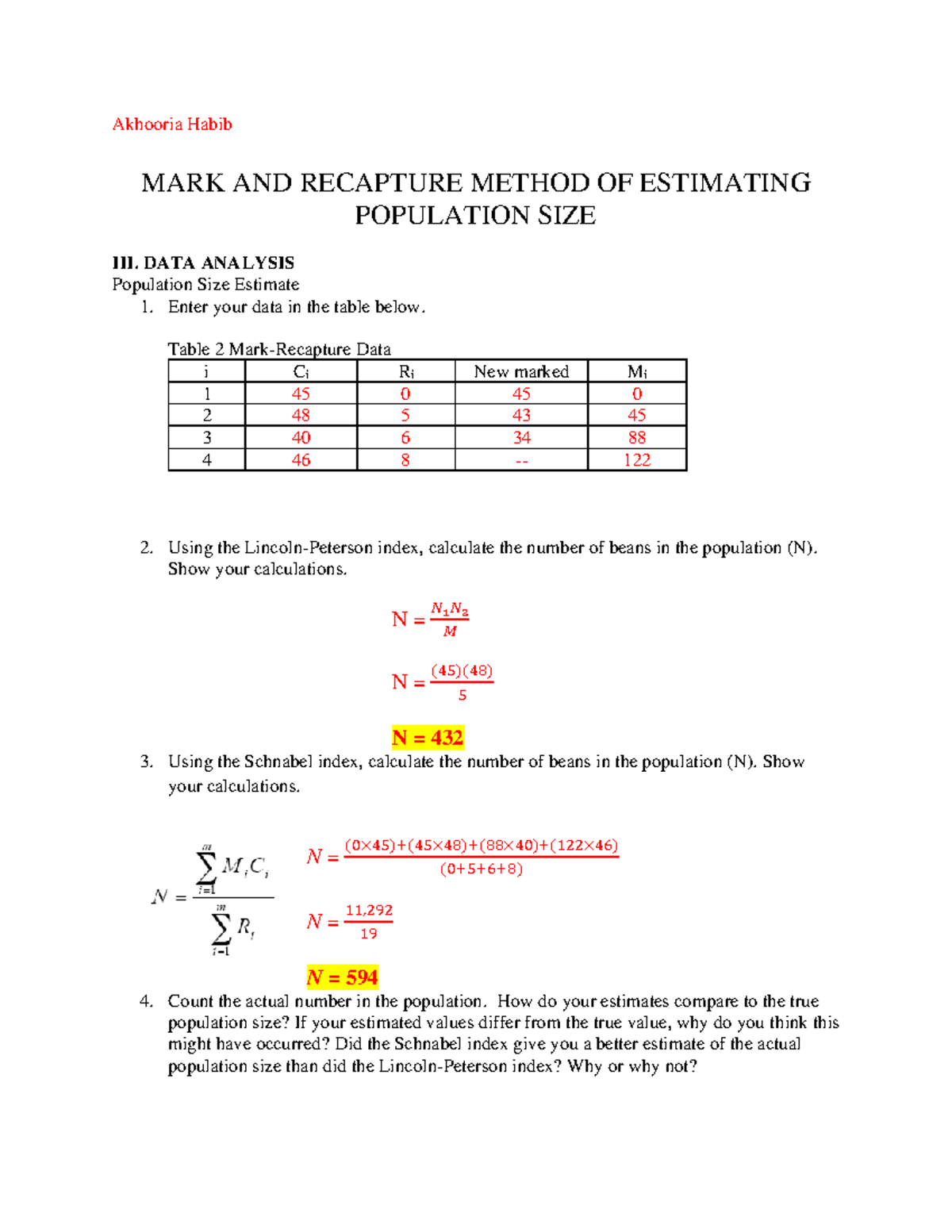 Habib Post-lecture Assignment 1 - Mark and Recapture - Akhooria Habib ...