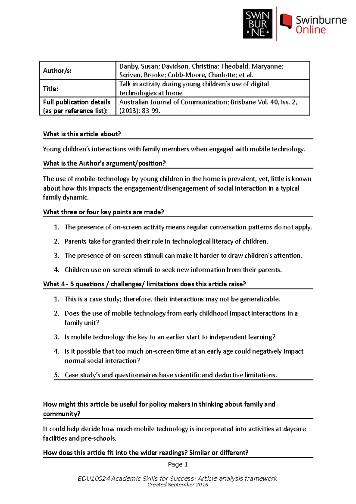 EDU10024-article-analysis Sasha - Author/s: Danby, Susan; Davidson ...