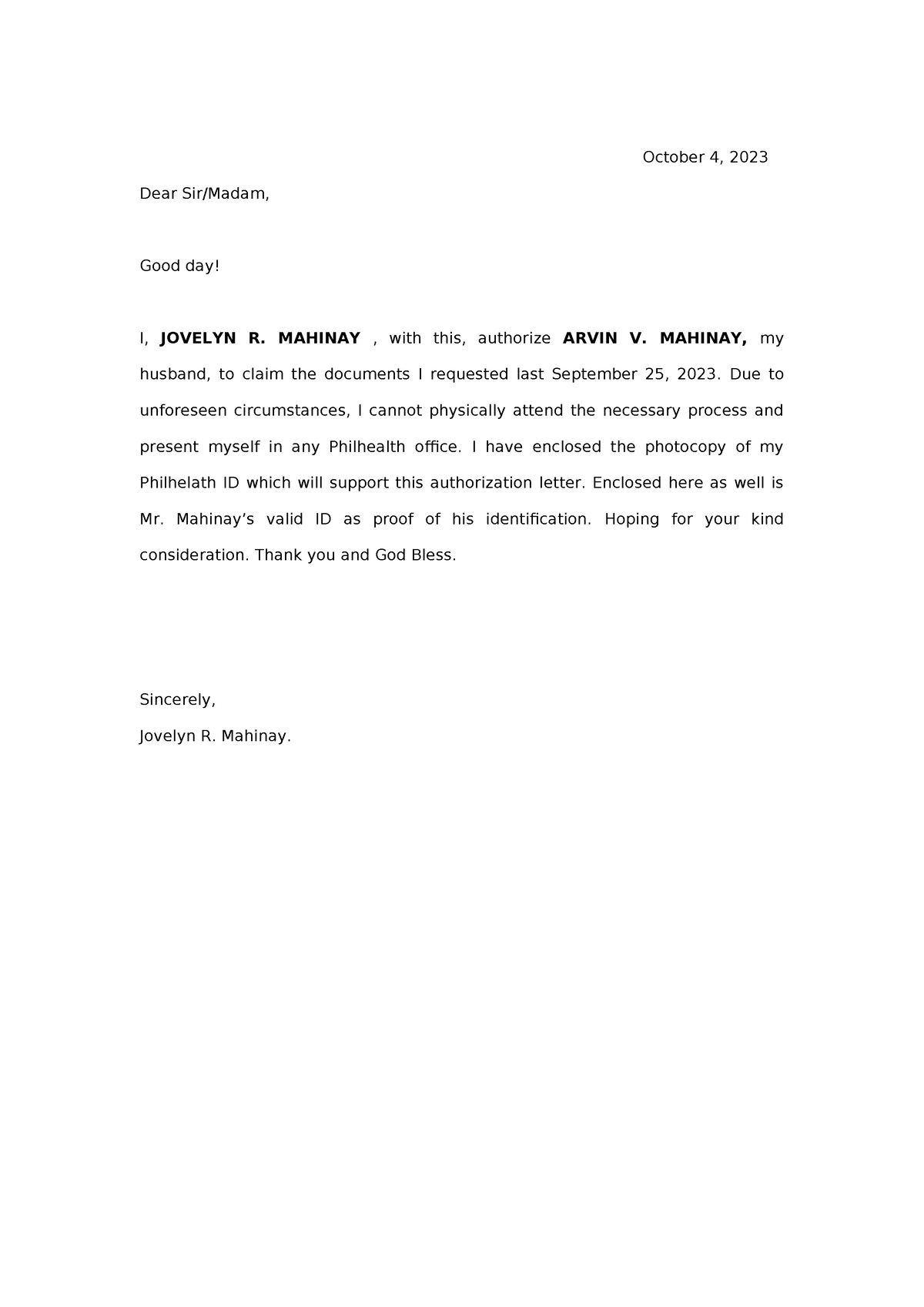 Authorization Letter - October 4, 2023 Dear Sir/Madam, Good day! I ...