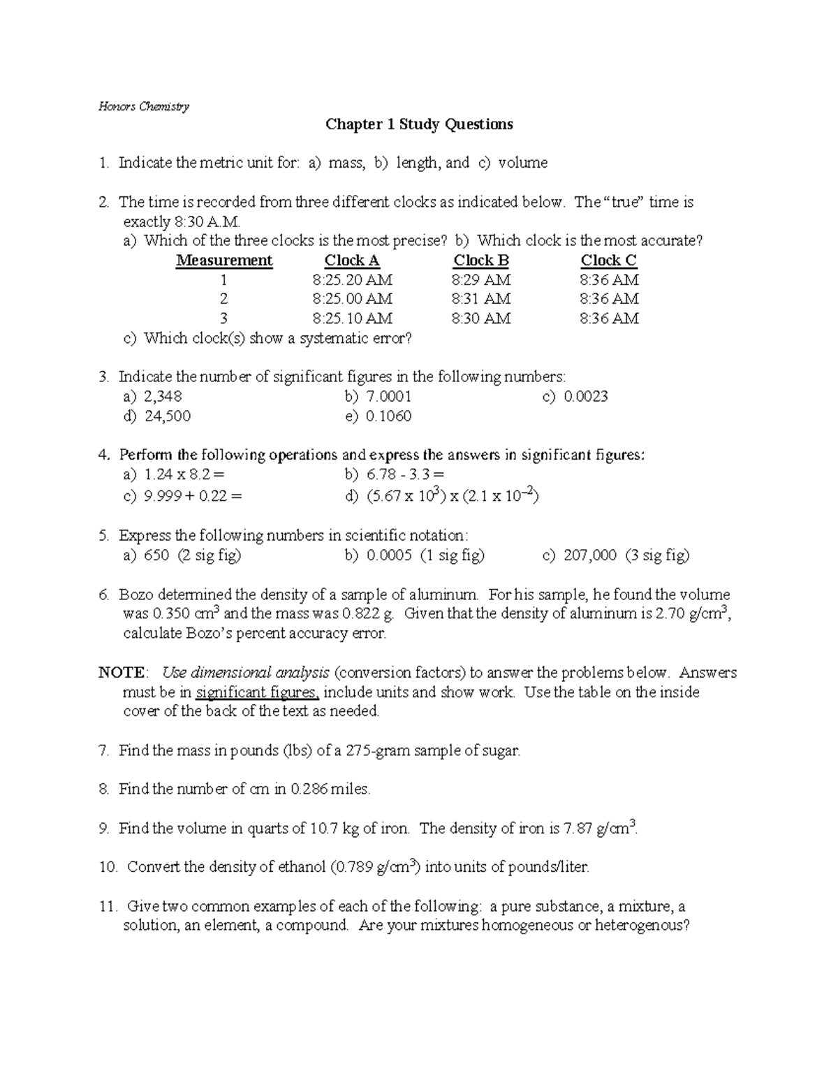 Chapter 1 Study Questions - Honors Chemistry Chapter 1 Study Questions ...