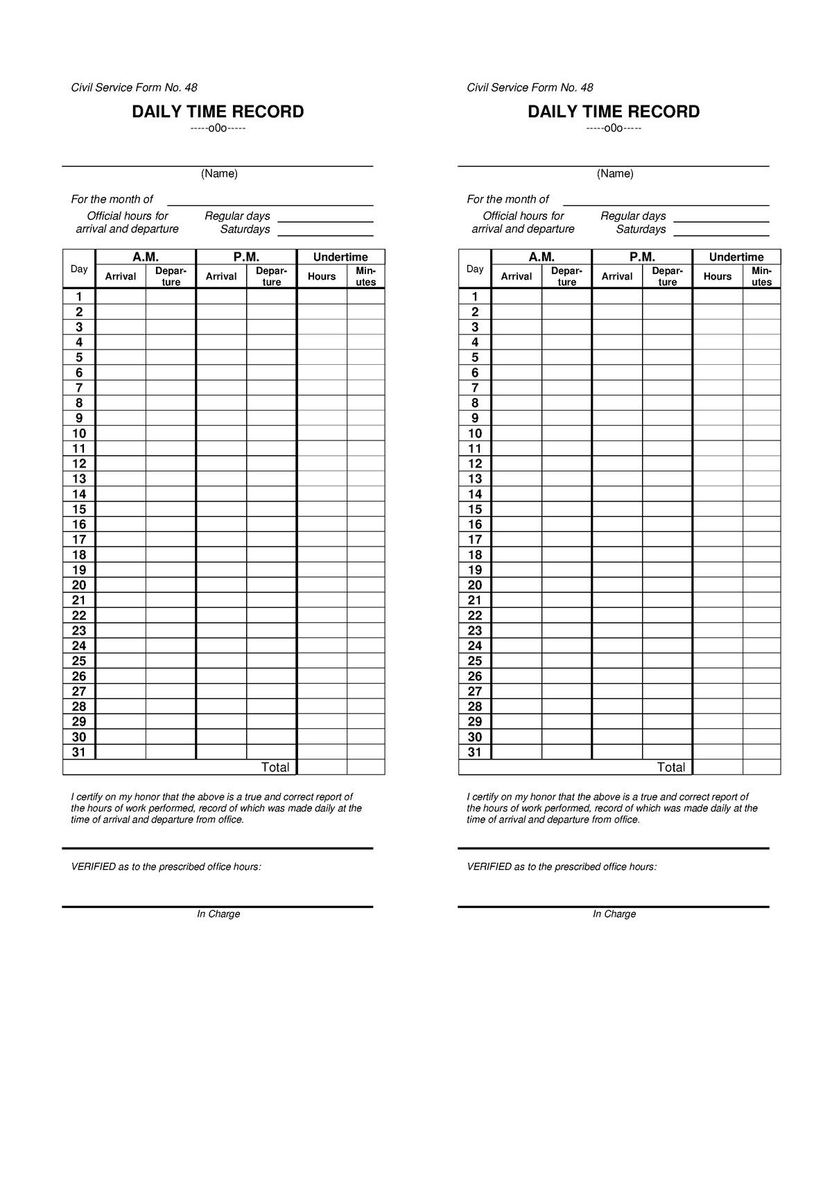 Appendix 24 Daily Time Record DTR - Civil Service Form No. 48 DAILY ...