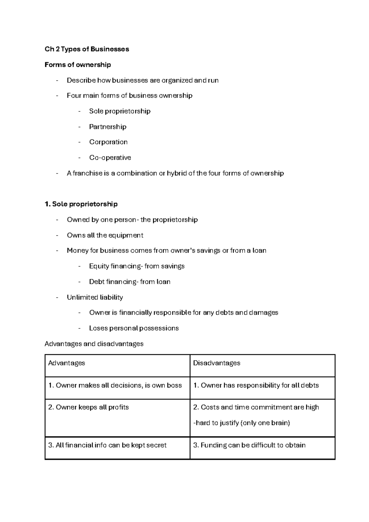 Ch 2 Types of Businesses - Ch 2 Types of Businesses Forms of ownership ...