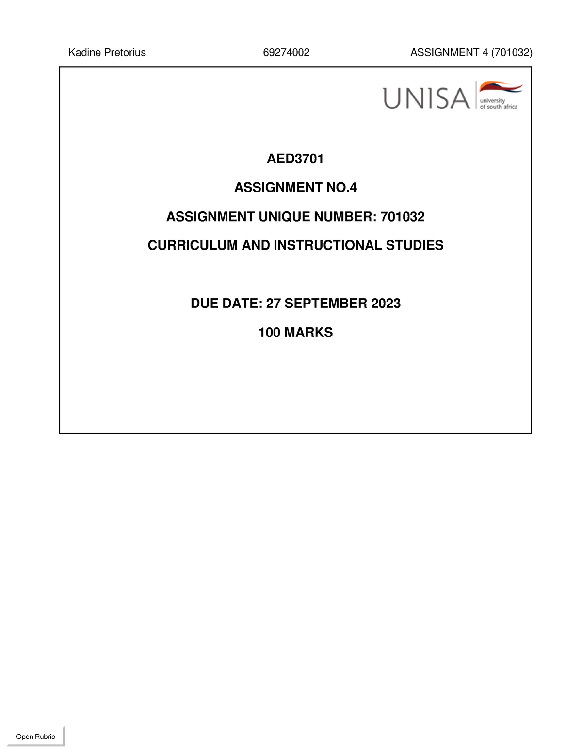 AED3701 Assessment 4 - AED ASSIGNMENT NO. ASSIGNMENT UNIQUE NUMBER ...