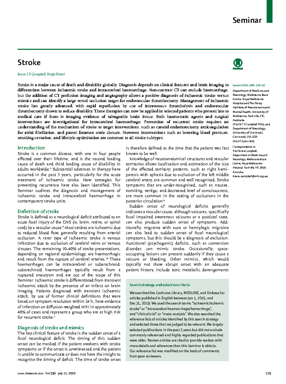Articulo 18 EVC Lancet 2020 Stroke Bruce C V Campbell, Pooja Khatri
