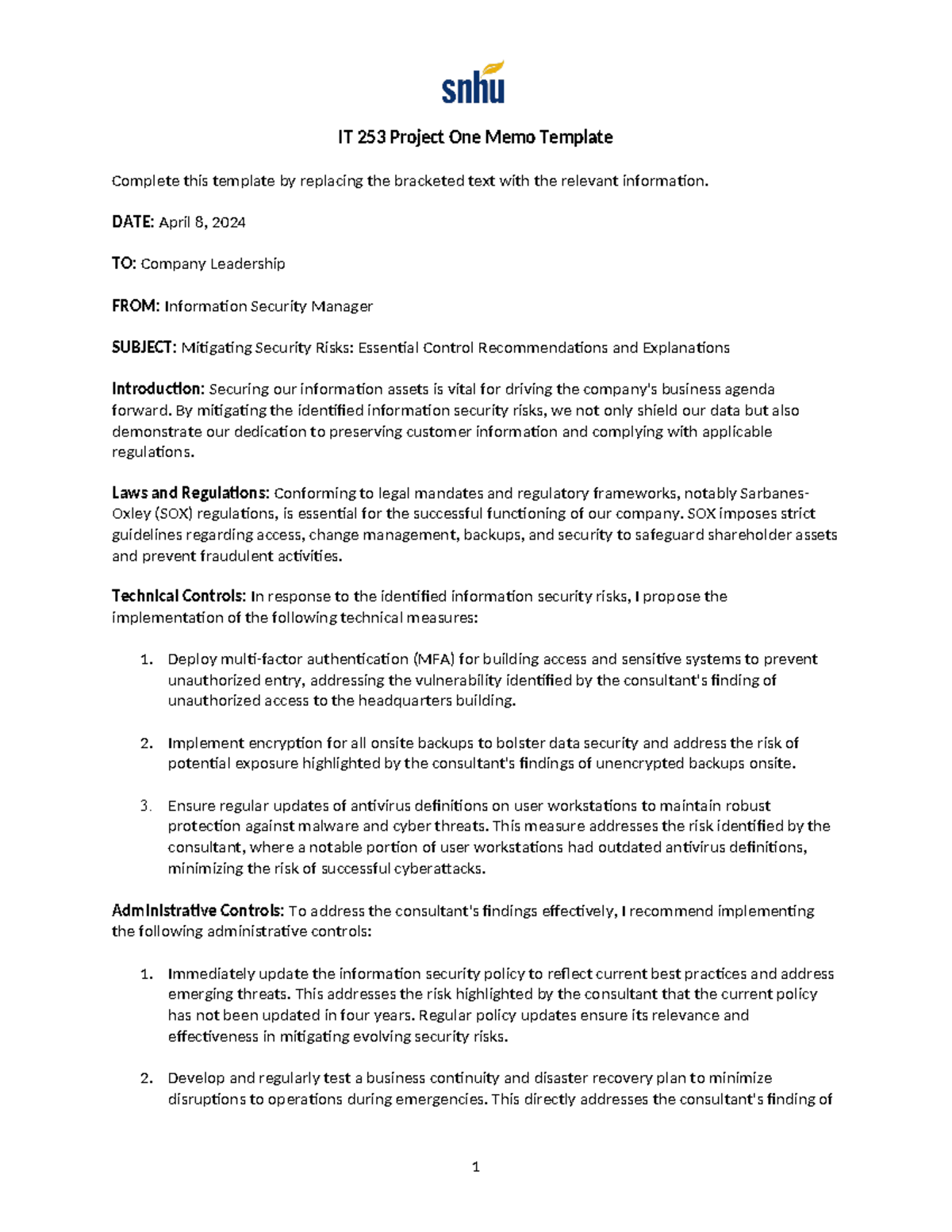 IT 253 Project One Memo - DATE: April 8, 2024 TO: Company Leadership ...