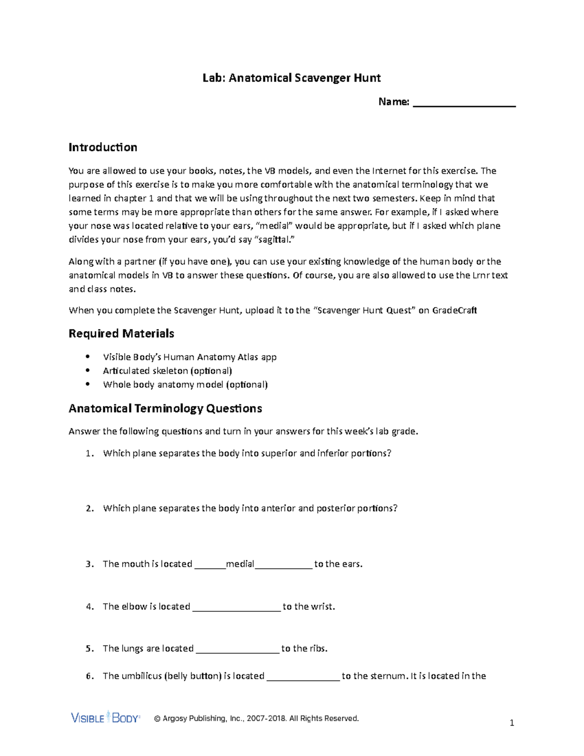 (Lab) Anatomical Scavenger Hunt Lab Anatomical Scavenger Hunt Name