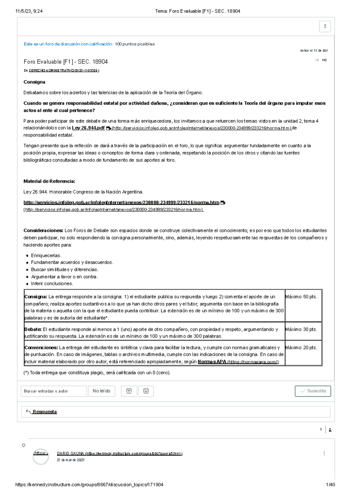 Tema Foro Evaluable [F1] - SEC. 18904 - 1 2 Este es un foro de ...