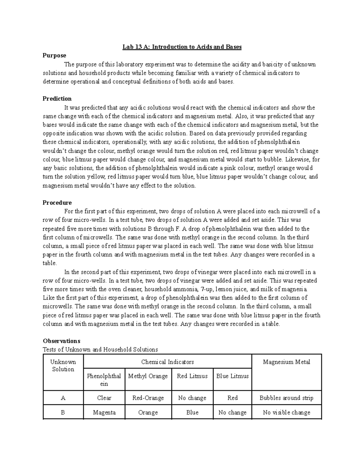 Lab 13A Introduction to Acids and Bases Lab 13 A Introduction to