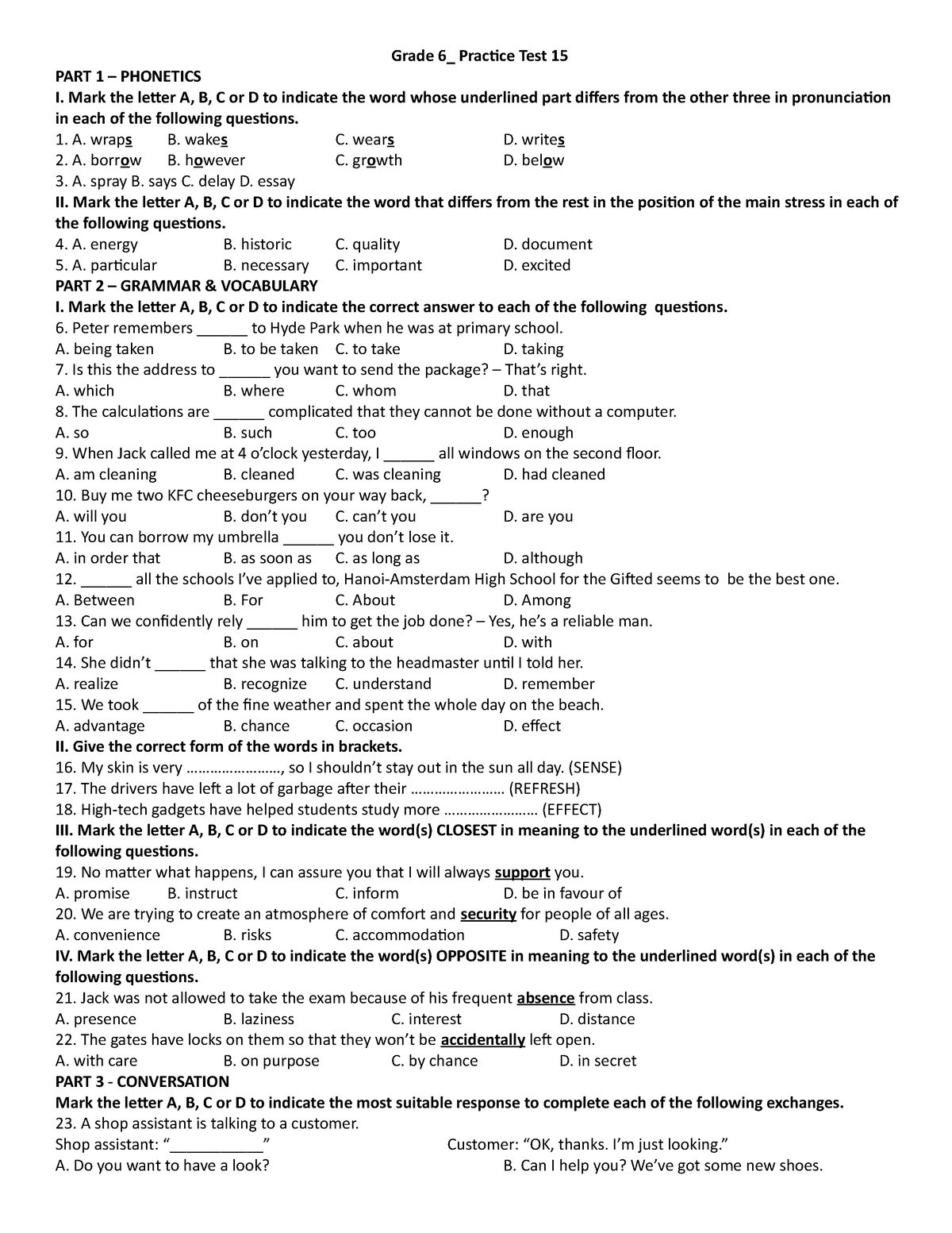 Grade 6 15 - Kjkk - Grade 6_ Practice Test 15 PART 1 – PHONETICS I ...