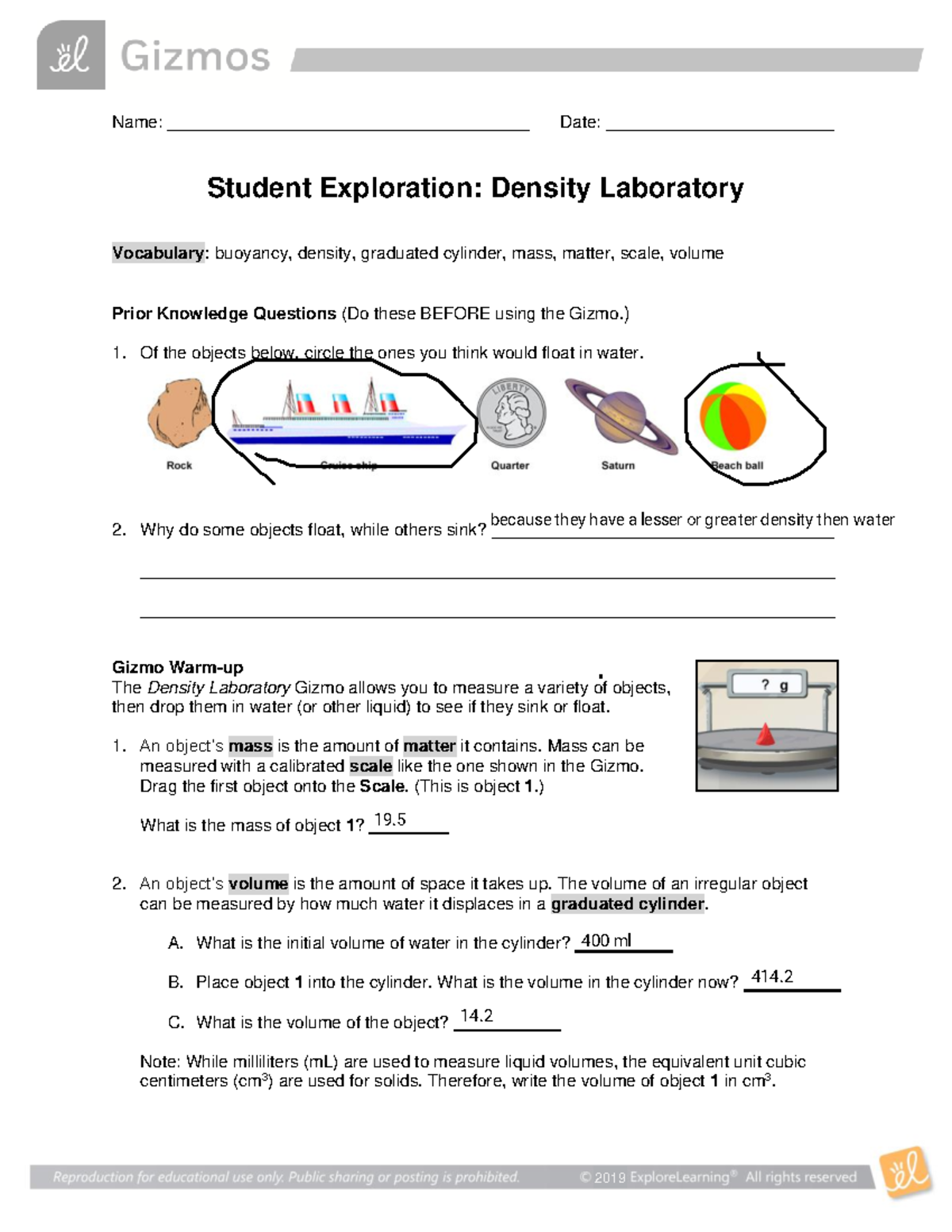 Density Lab SE - Name: ______________________________________ Date