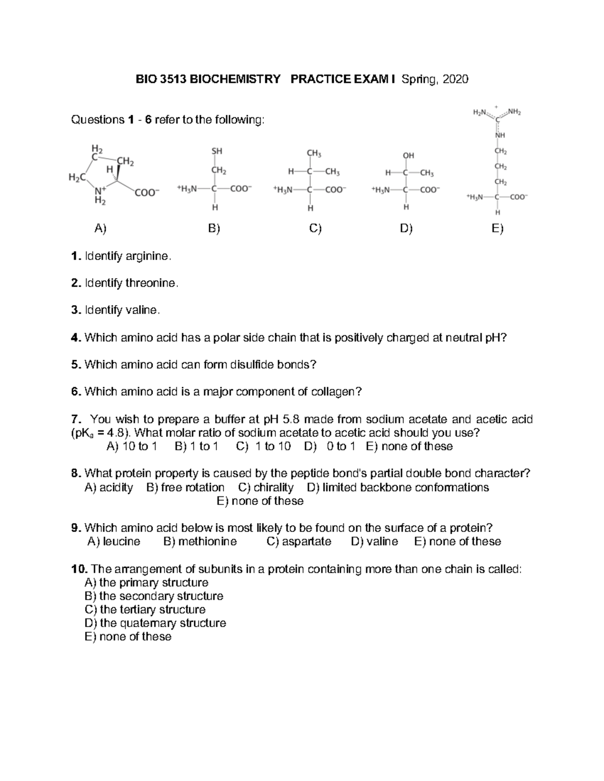Biochem Practice Exam - BIO 3513 BIOCHEMISTRY PRACTICE EXAM I Spring ...