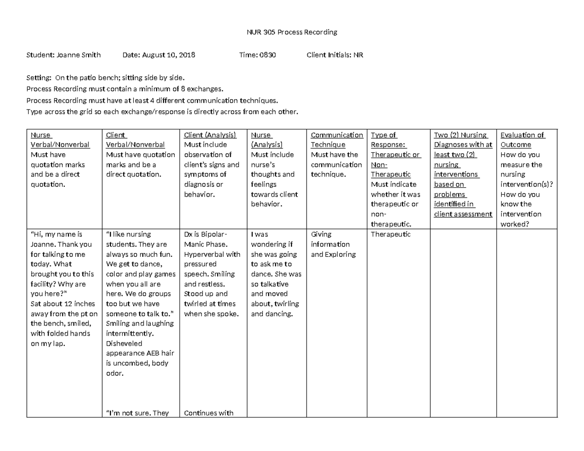 Sample Process Recording - NUR 305 Process Recording Student: Joanne ...