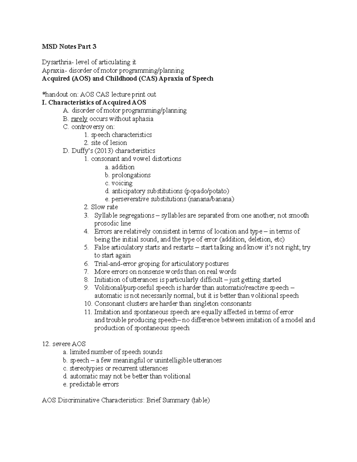 MSD Notes Part 3 - Characteristics of Acquired AOS A. disorder of motor ...