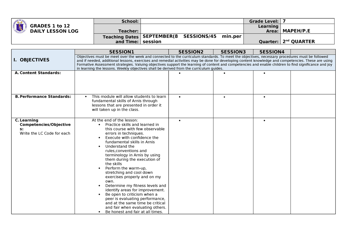 G7 DLL Mapeh PE Q2-1 - LESSON PLAN - GRADES 1 to 12 DAILY LESSON LOG ...