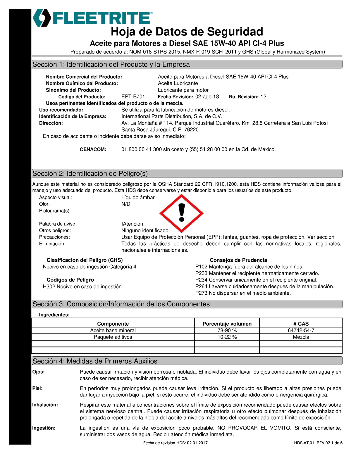 Hds Aceite 15w40 Hoja De Datos De Seguridad Sección 1 Identificación Del Producto Y La 1192