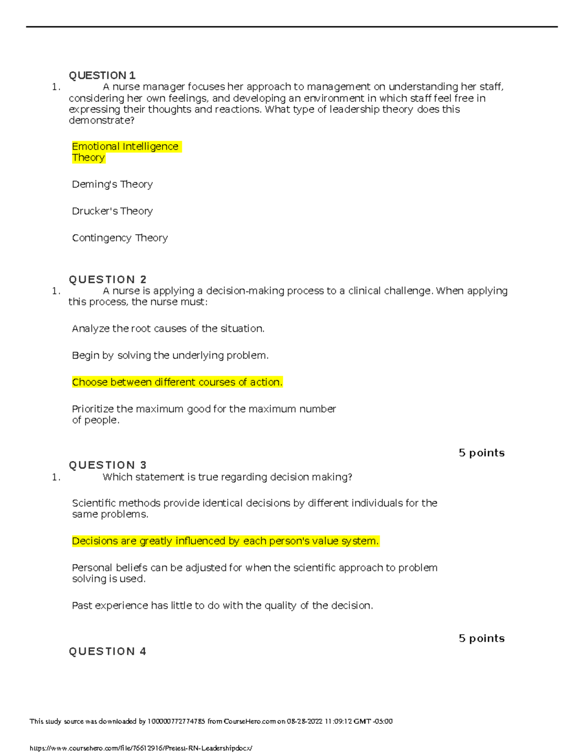 Pretest RN Leadership - 1. QUESTION 1A nurse manager focuses her ...