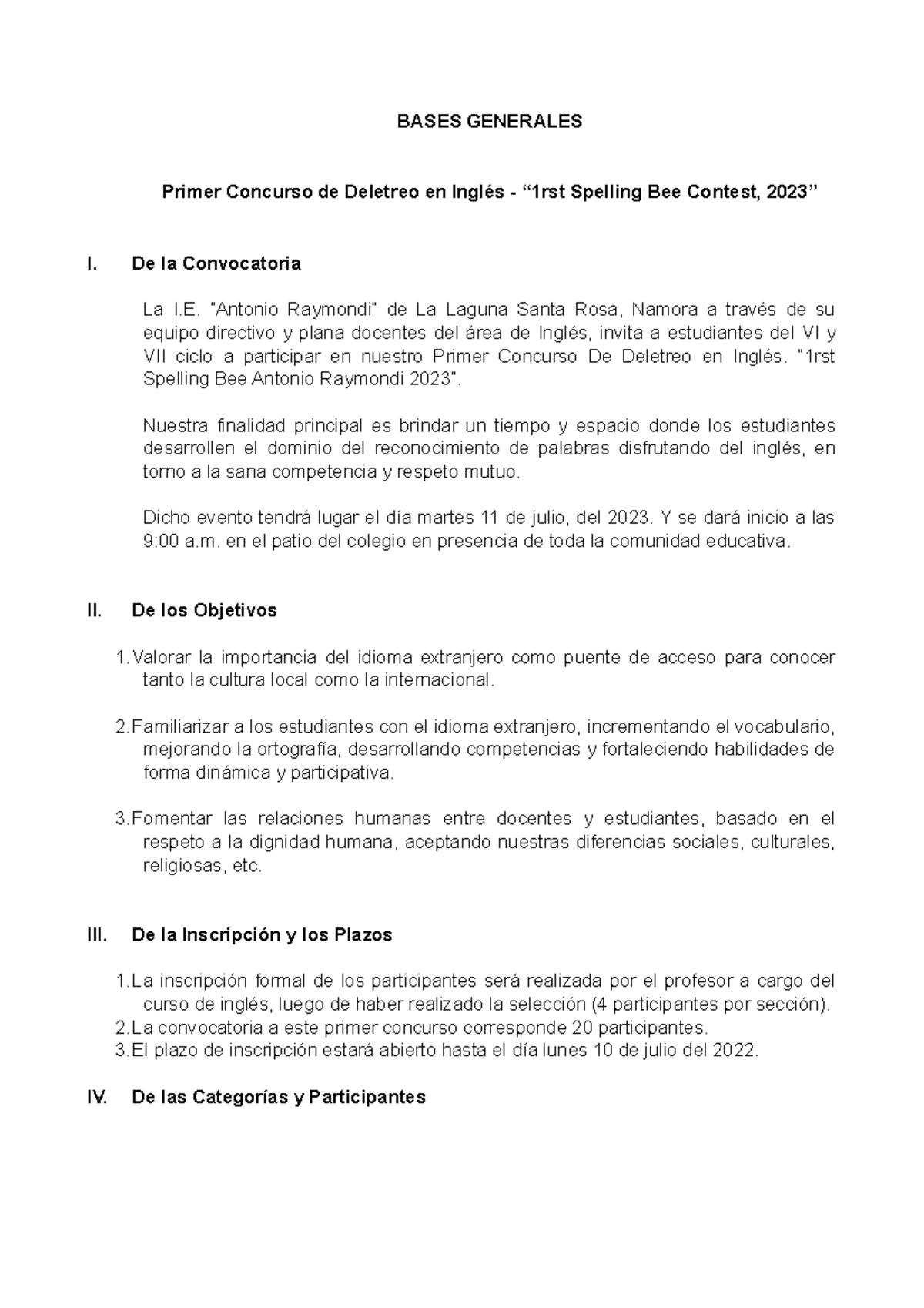 Bases Generales concurso de deletreo ingles BASES GENERALES Primer