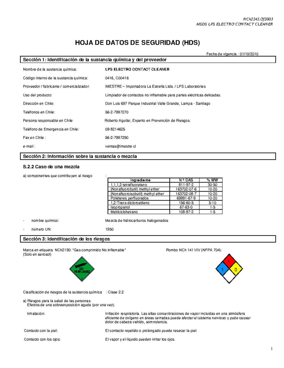 HDS Limpia Contacto MSDS LPS ELECTRO CONTACT CLEANER HOJA DE DATOS DE