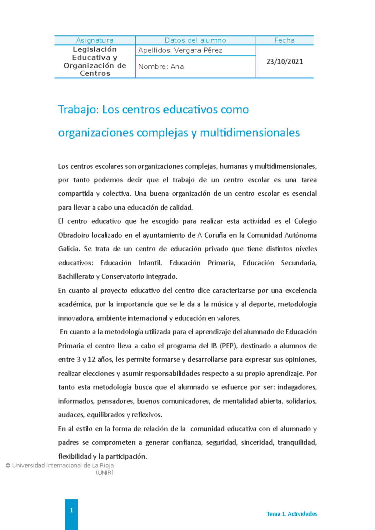 Actividad 1. Los centros educativos como