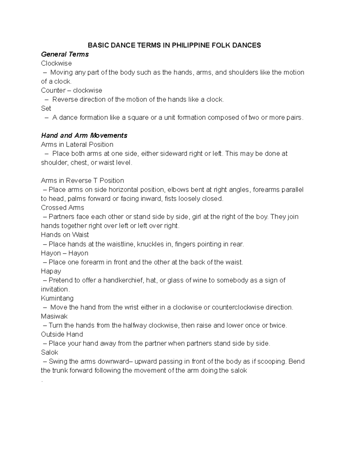 Basic Dance Terms IN Philippine FOLK Dances BASIC DANCE TERMS IN