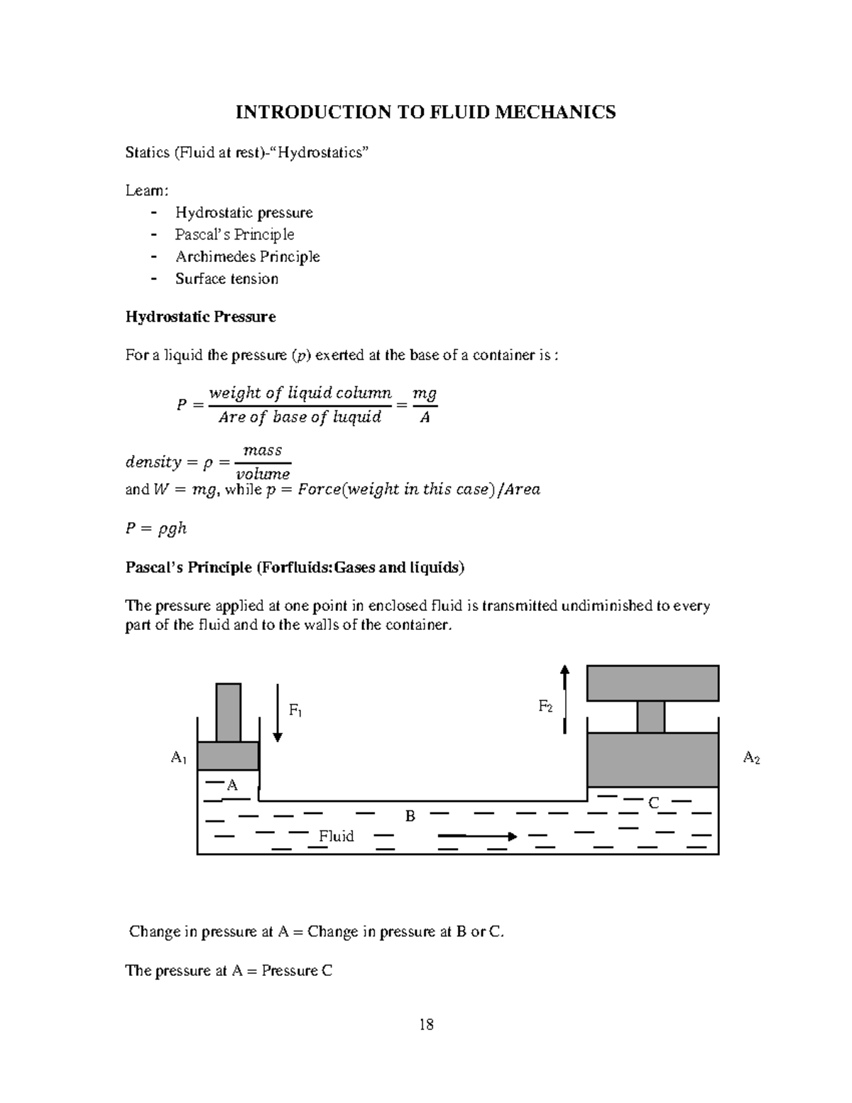 Part 1b Fluid Mechanics - INTRODUCTION TO FLUID MECHANICS Statics ...