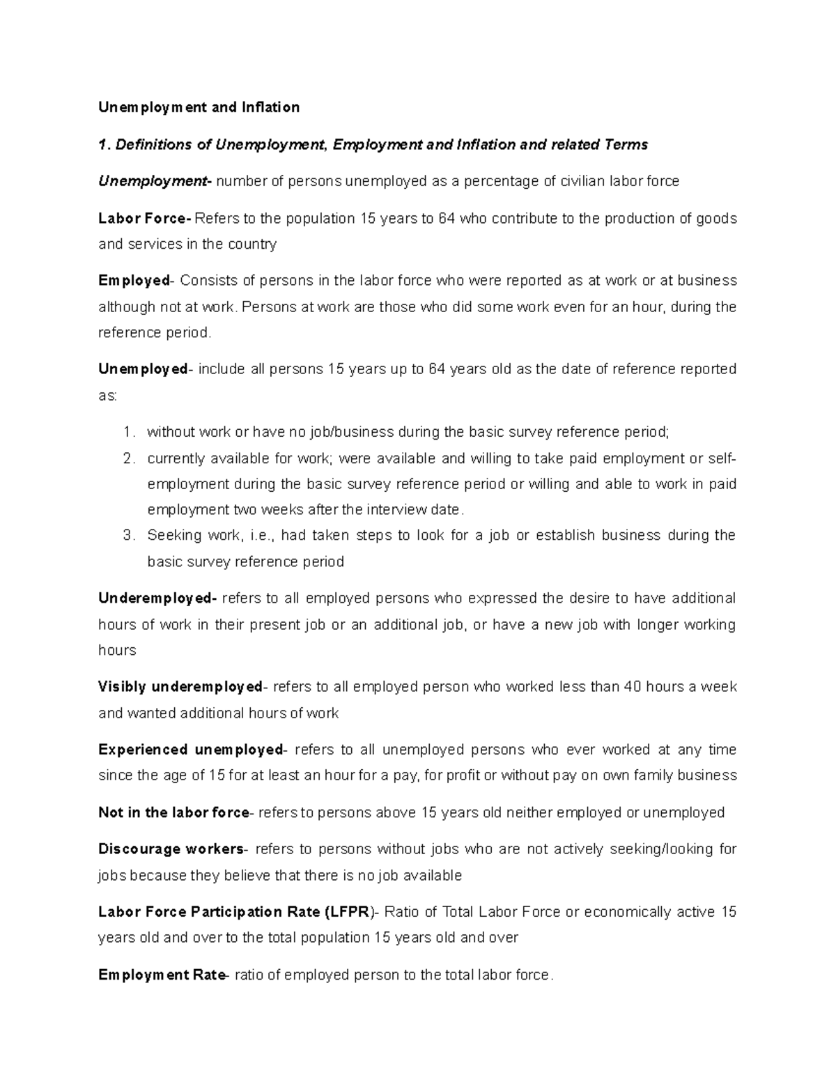 Unemployment and Inflation Definitions of Unemployment, Employment and Inflation and related