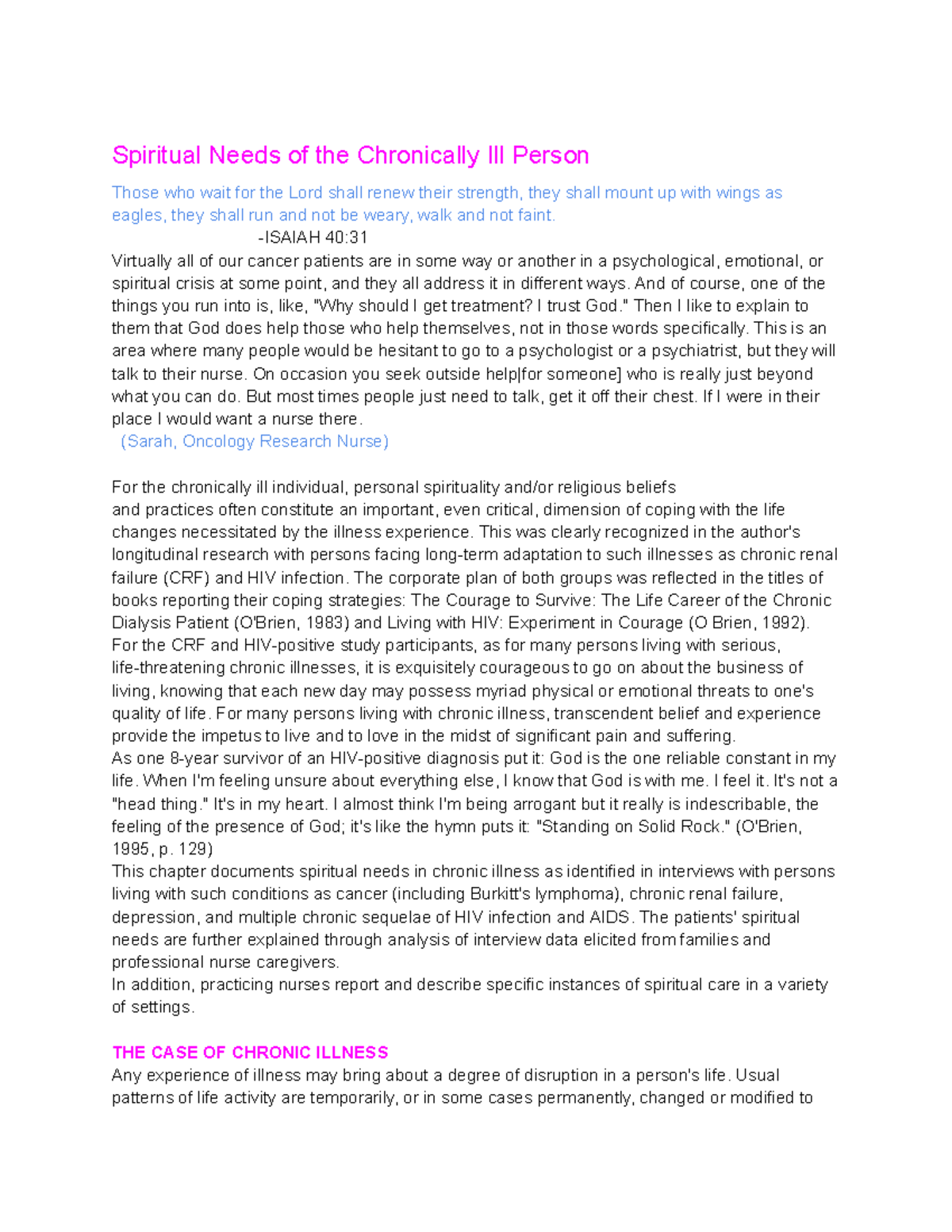 Spiritual needs of The Chronically lll person - Spiritual Needs of the ...