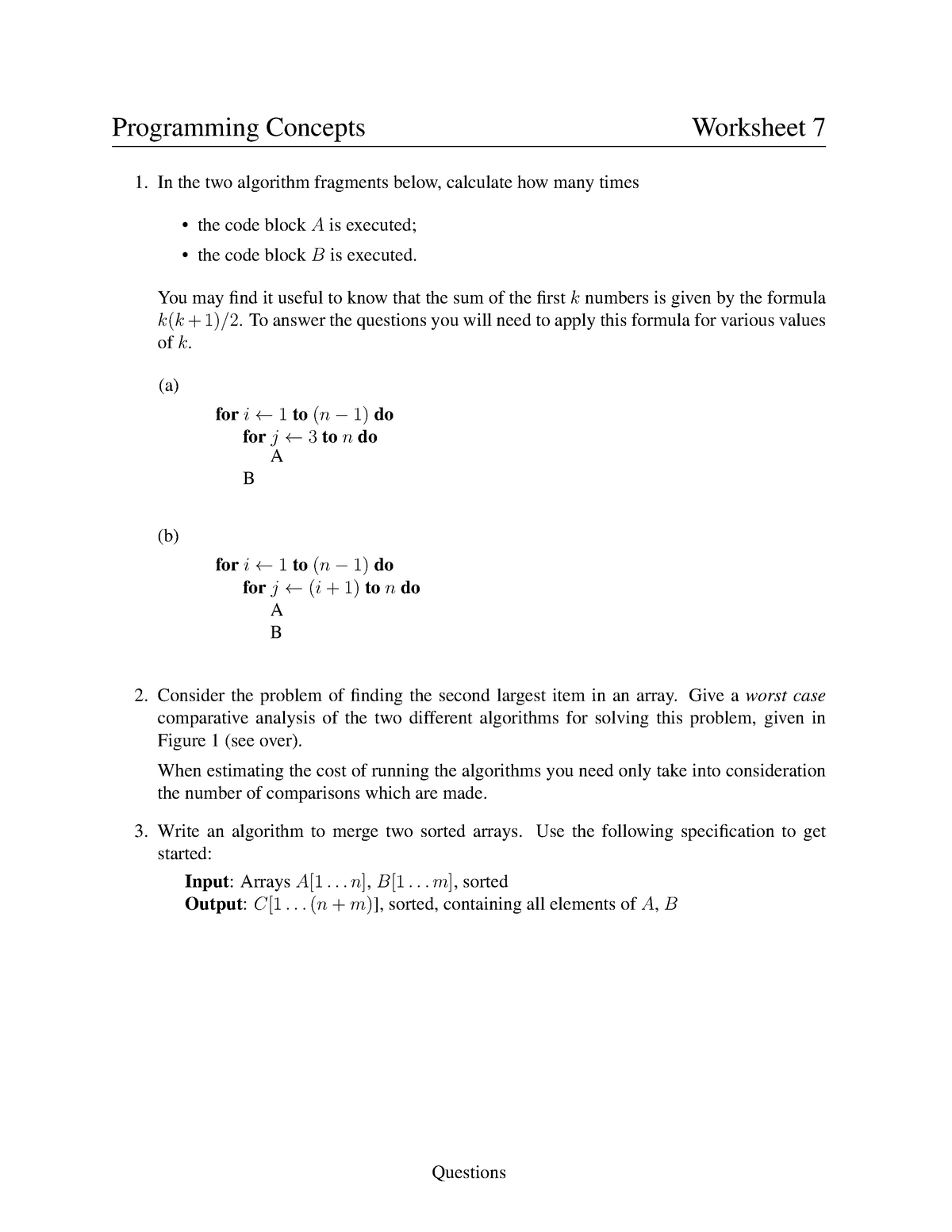 Worksheet 7 - Question set - Programming Concepts - G6007 - Sussex 
