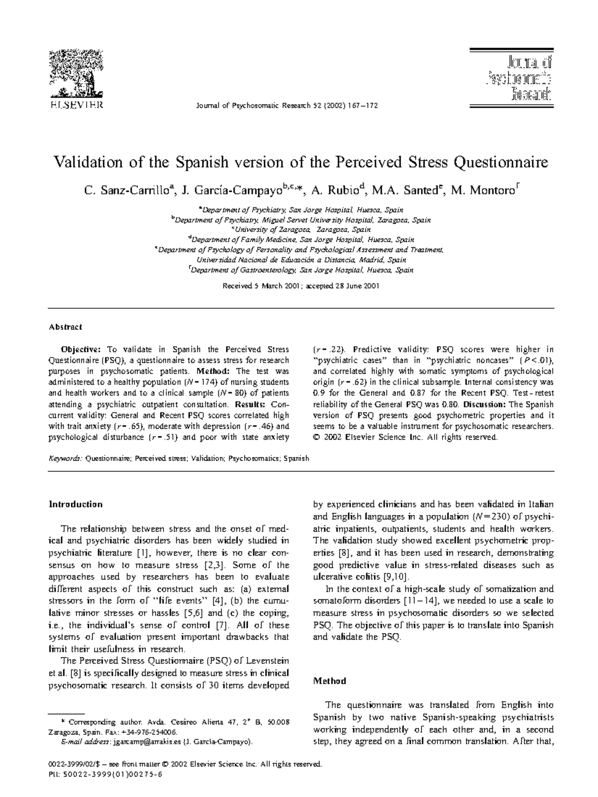 Validation of the Spanish version of the - Sanz-Carrillo a , J. Garcı ...