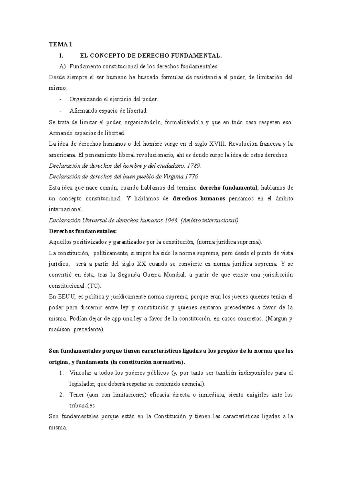 TEMA 1 - TEMA 1 I. EL CONCEPTO DE DERECHO FUNDAMENTAL. A) Fundamento ...