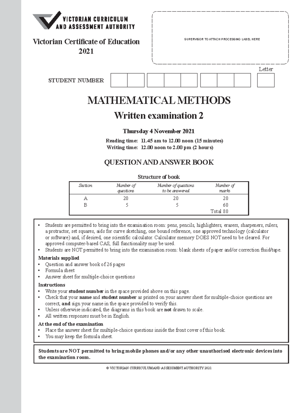 2021 VCE Math Methods WRITTEN Examination 2 - MATHEMATICAL METHODS ...