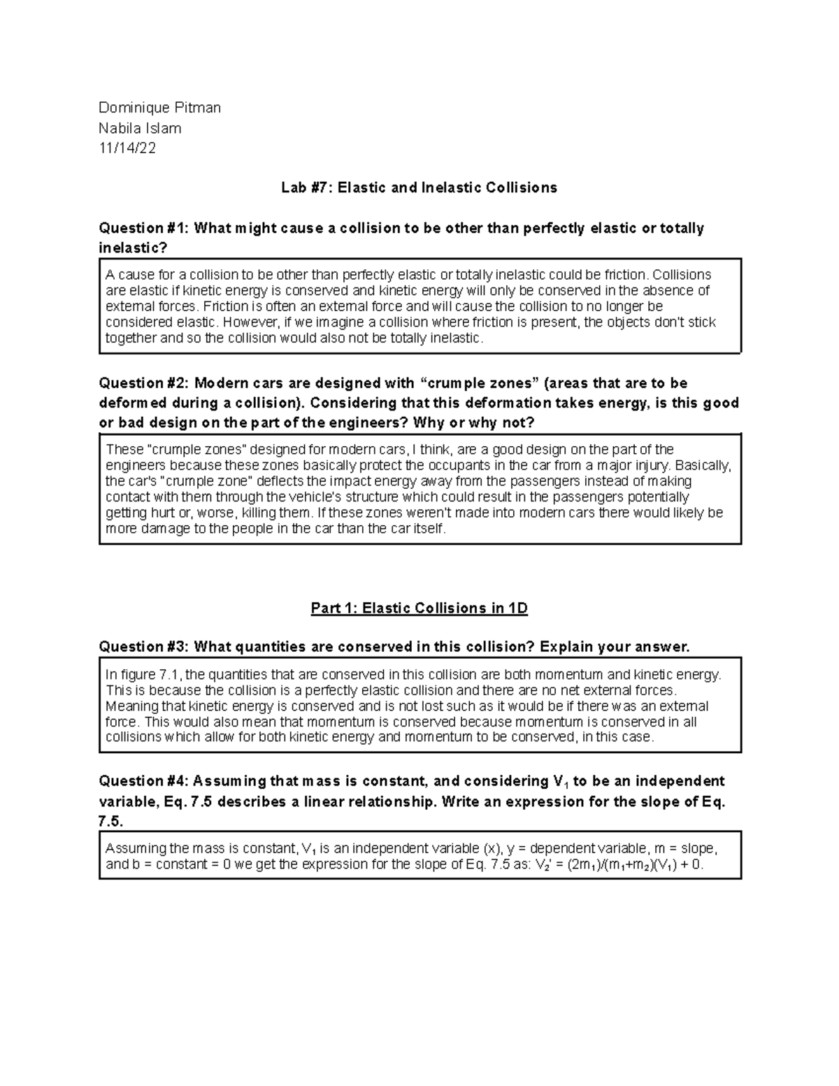 Lab #7 Elastic and Inelastic Collisions - Dominique Pitman Nabila Islam ...
