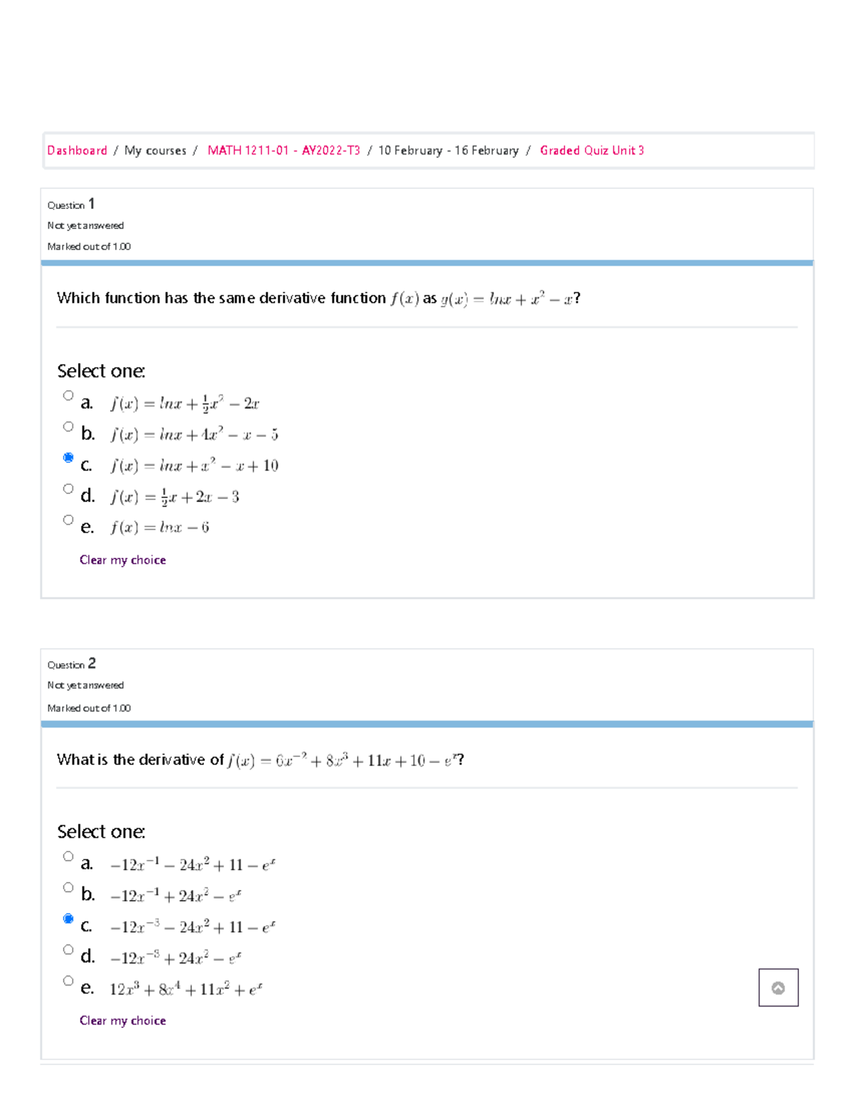 Graded Quiz Unit 3 - MATH 1211 - Question 1 Not Yet Answered Marked Out ...