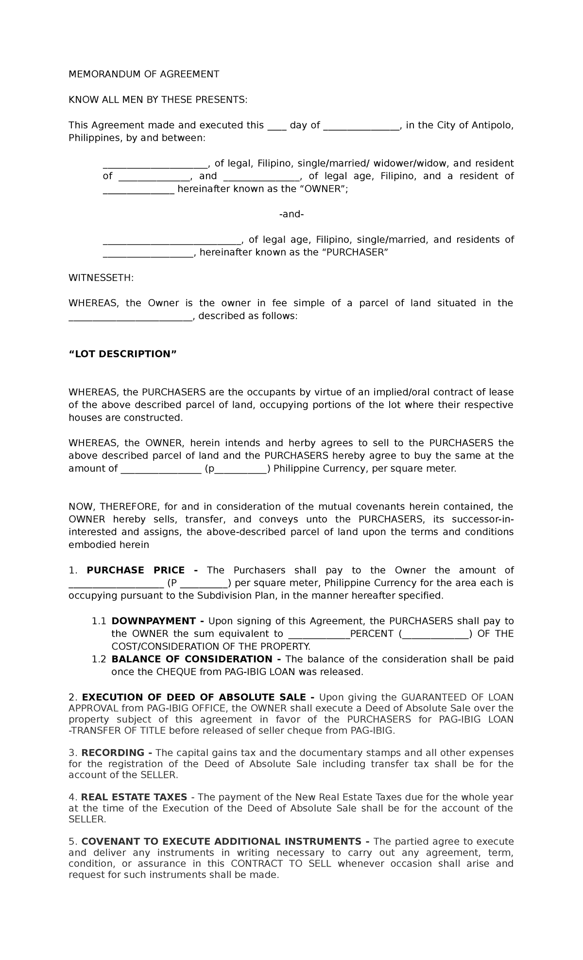 Memorandum OF Agreement - MEMORANDUM OF AGREEMENT KNOW ALL MEN BY THESE ...