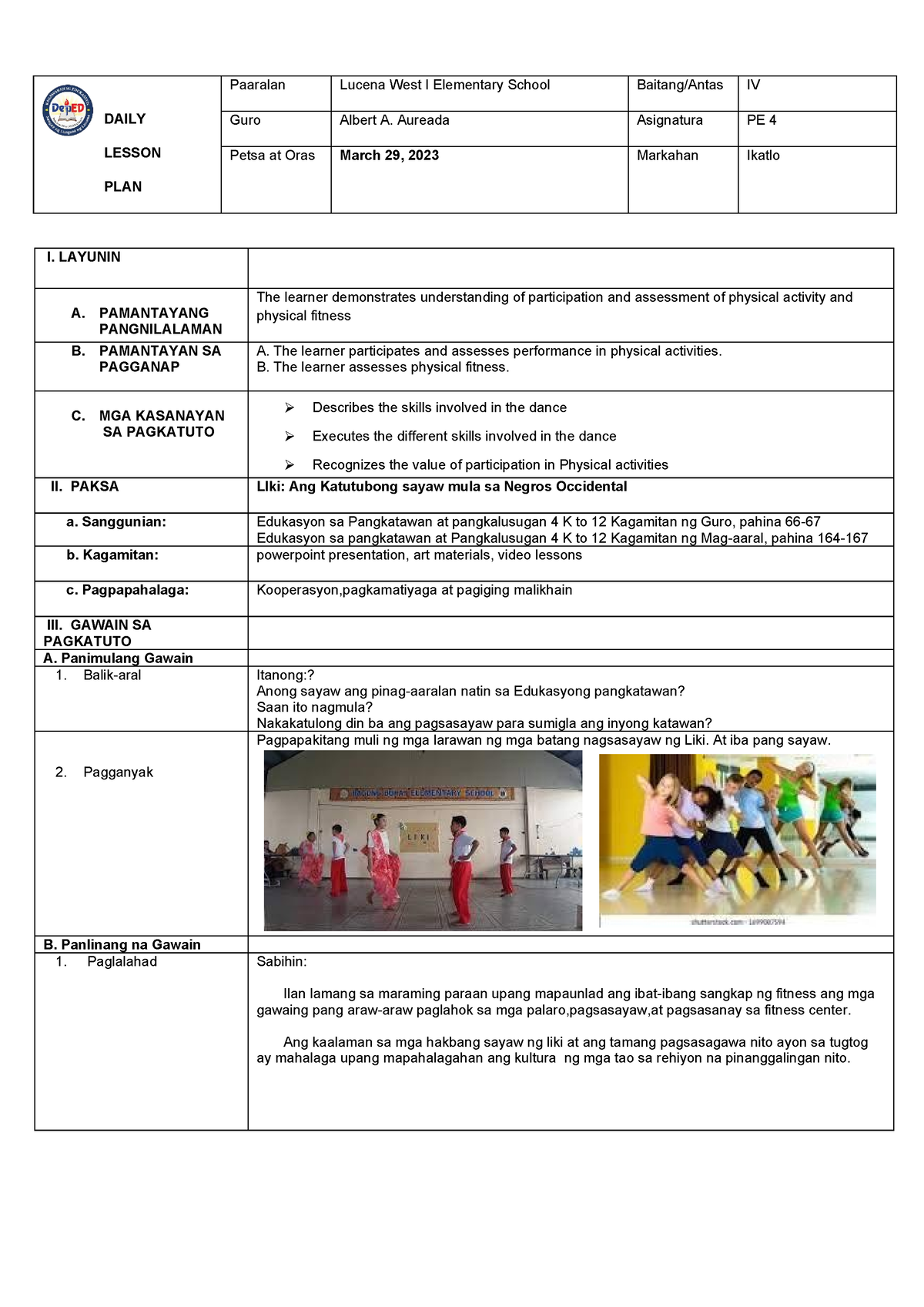 March 29 (PE -Aralin 8) - DAILY LESSON PLAN Paaralan Lucena West I ...