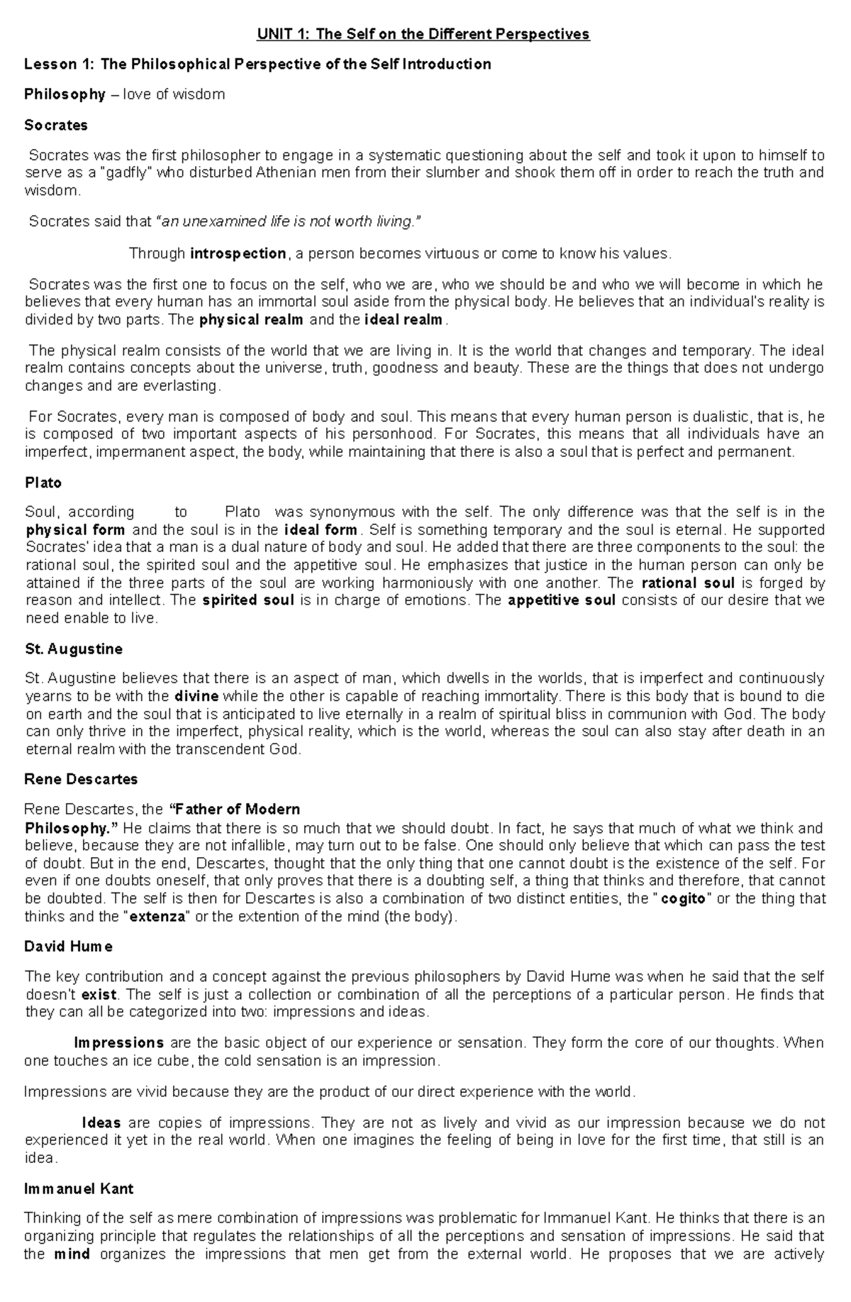 Understanding the Self - UNIT 1: The Self on the Different Perspectives ...