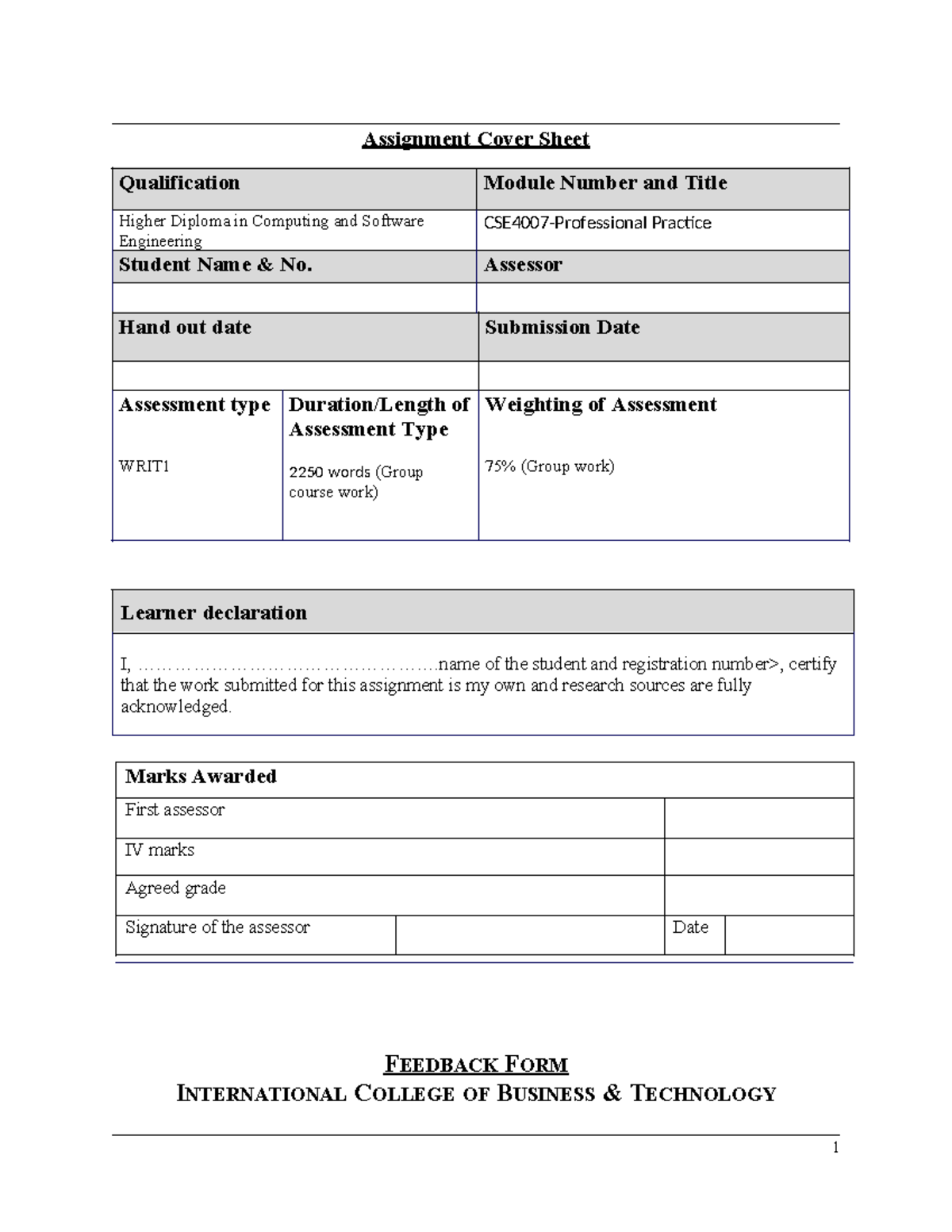CSE4007 WRIT1 - ooooooooooo - Assignment Cover Sheet Qualification ...