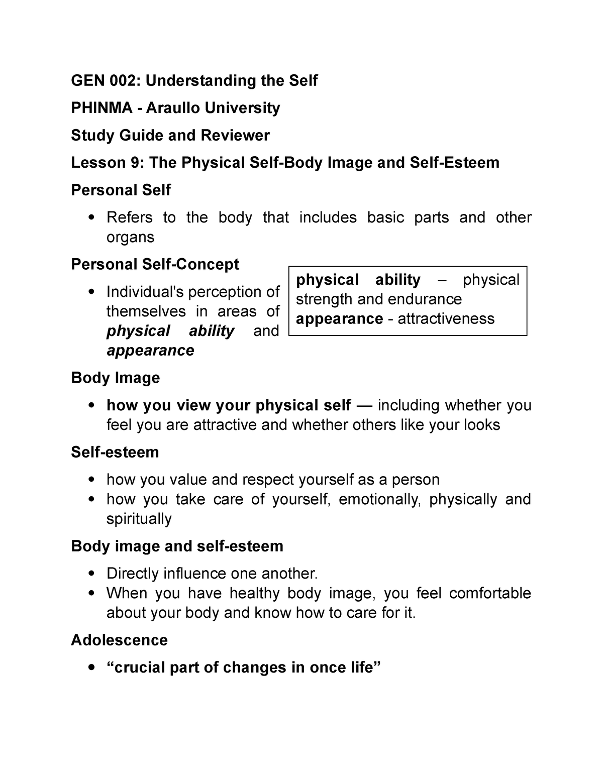 GEN 002 Lesson 9 - GEN 002: Understanding The Self PHINMA - Araullo ...