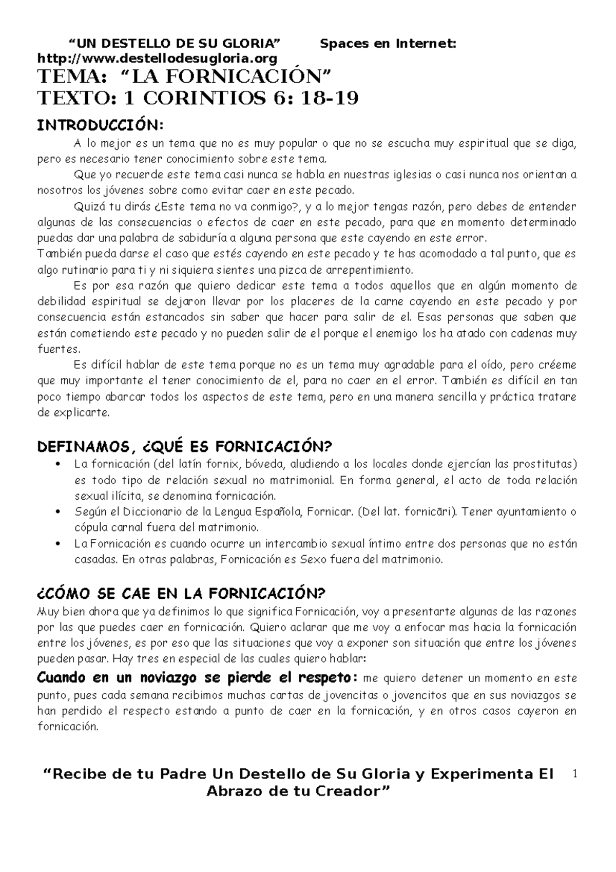 TEMA LA Fornicacion destellodesugloria TEMA “LA FORNICACIÓN” TEXTO 1 CORINTIOS 6 18 Studocu