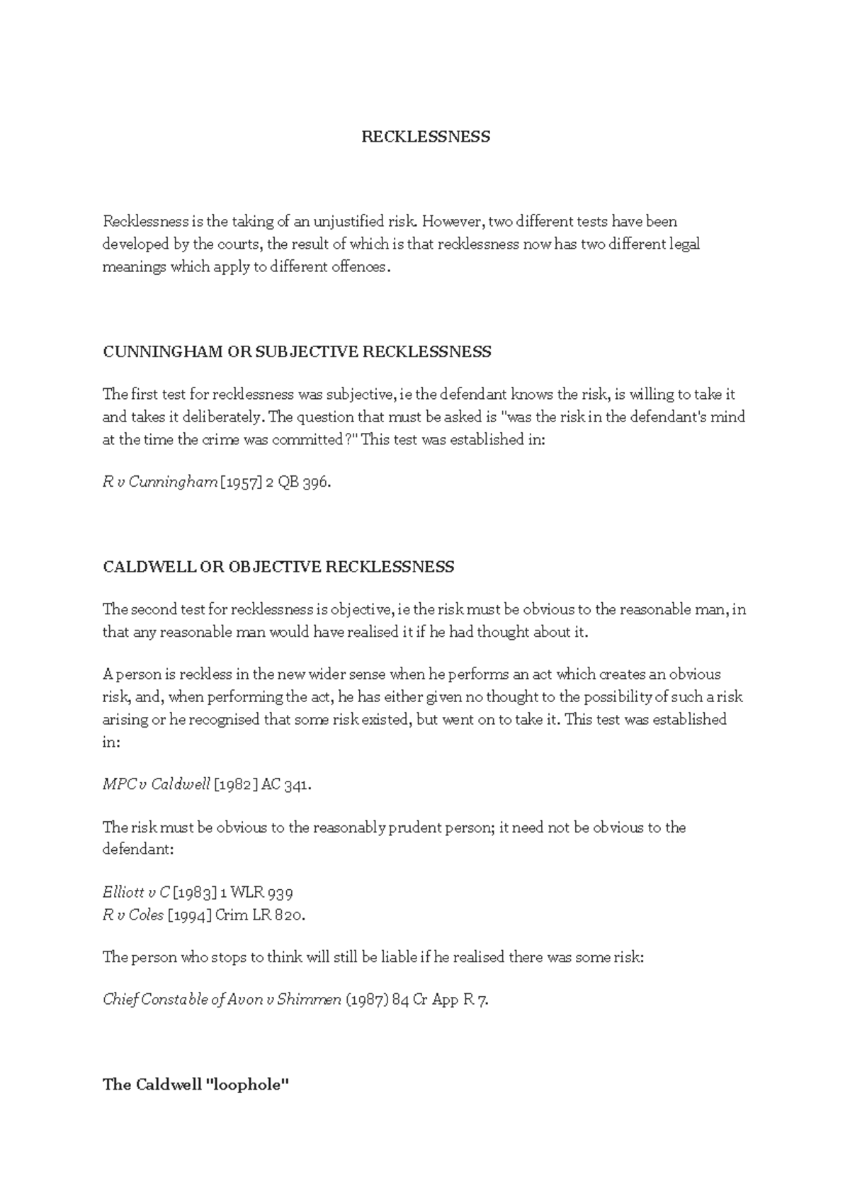 Recklessness Recklessness Recklessness Is The Taking Of An