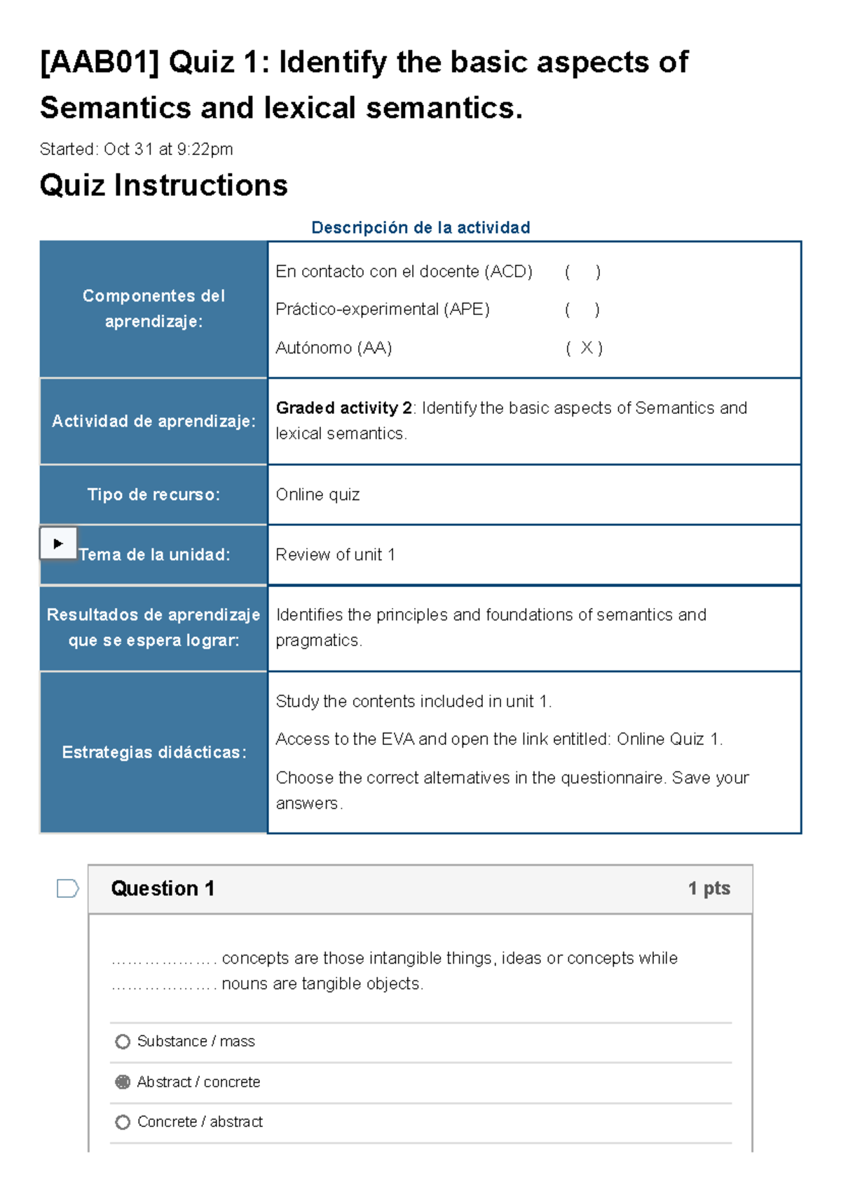 Quiz [AAB01] Quiz 1 Identify The Basic Aspects Of Semantics And Lexical ...