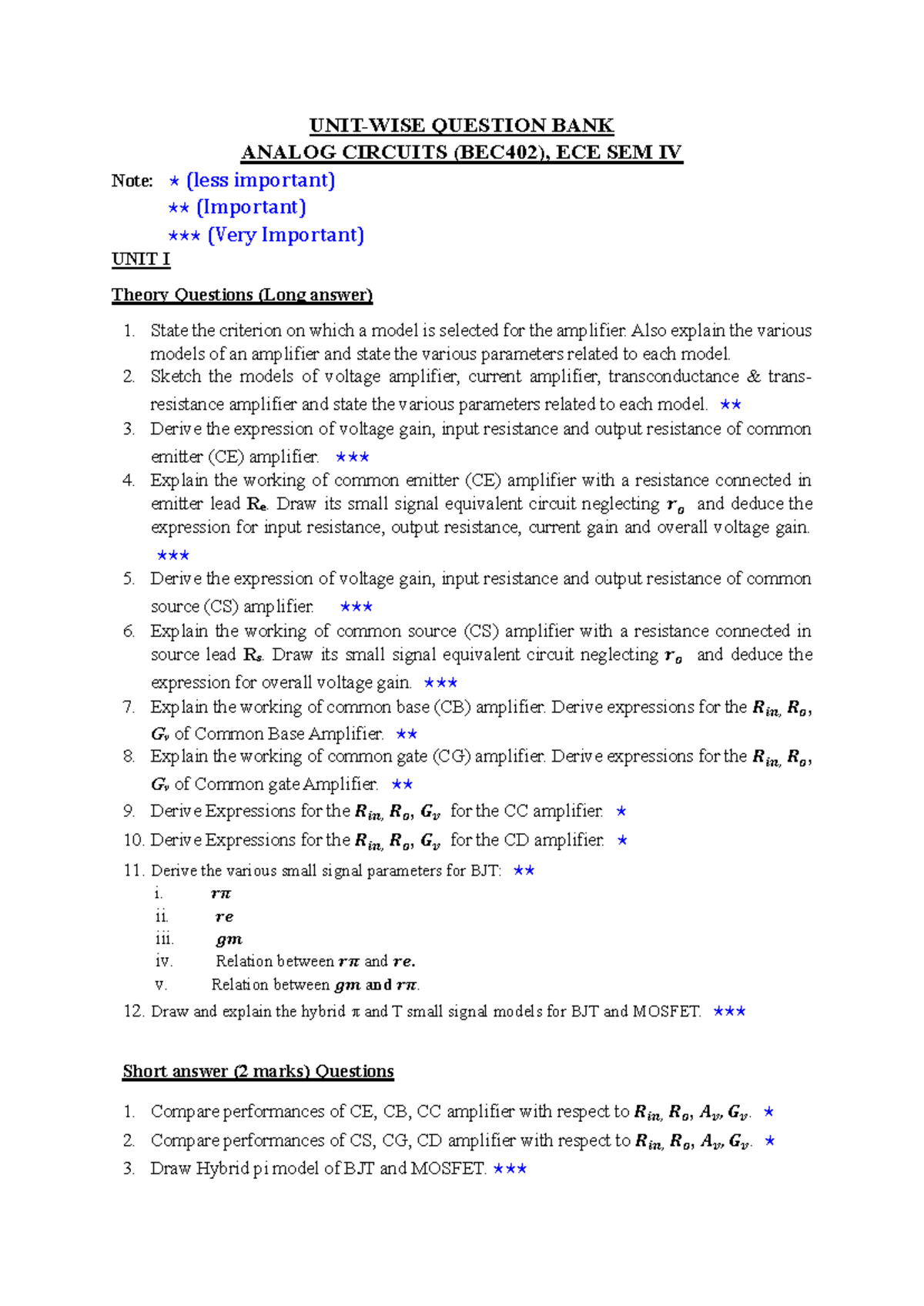 Unit Wise Question Bank AC BEC402 - UNIT-WISE QUESTION BANK ANALOG ...