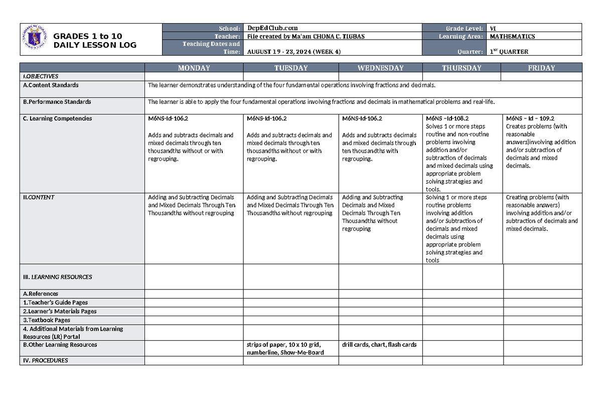 DLL Mathematics 6 Q1 W4 - DLL - GRADES 1 to 10 DAILY LESSON LOG School ...