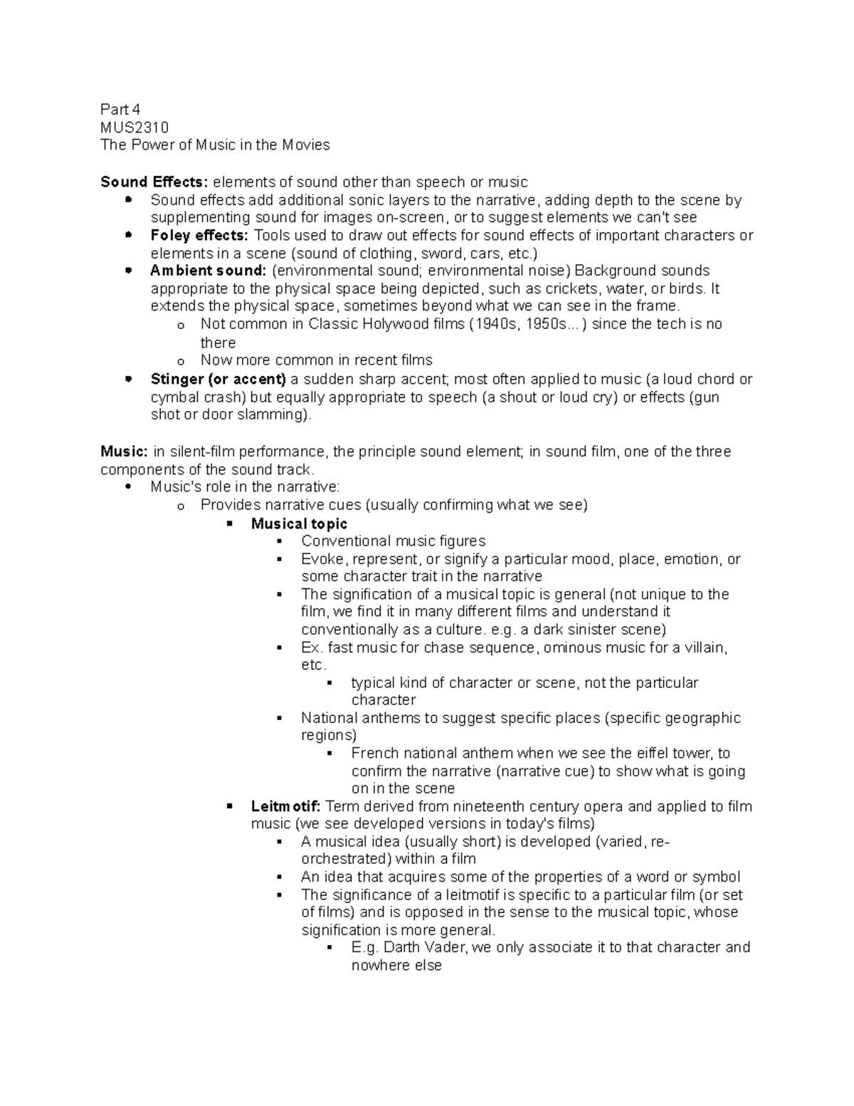 MUS2310 Lecture 1 Notes Part 4 - Part 4 MUS The Power of Music in the ...