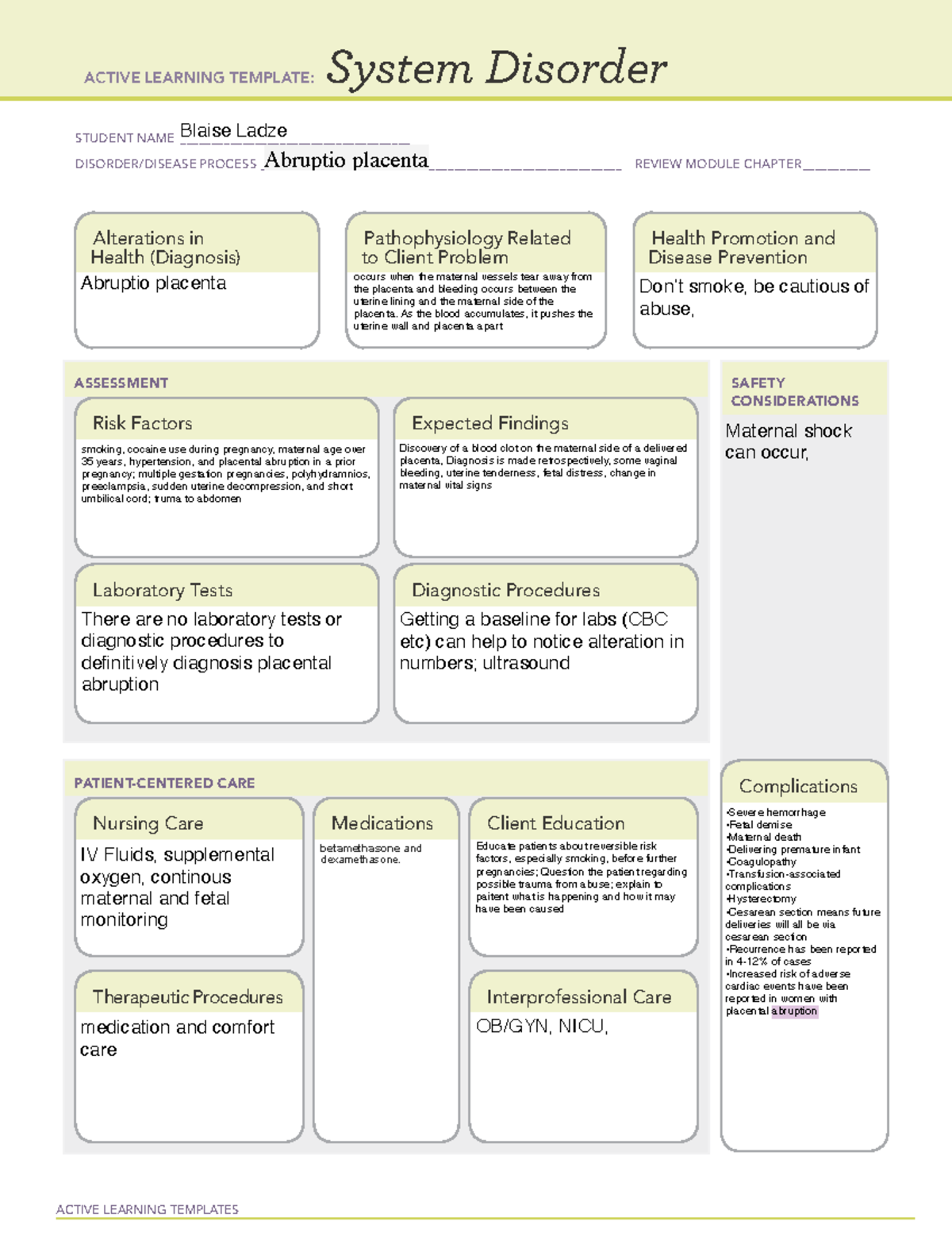 Abruptio placentae 2023 ACTIVE LEARNING TEMPLATES System Disorder