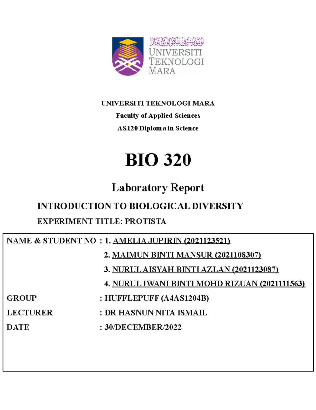 Bio320-protista amelia - UNIVERSITI TEKNOLOGI MARA Faculty of Applied ...